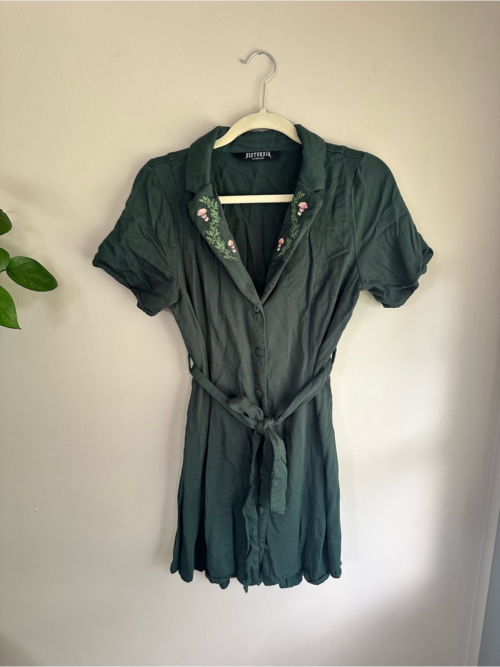 Disturbia Button-Front Green Shirt Dress with Floral Mushroom Embroidery and tie